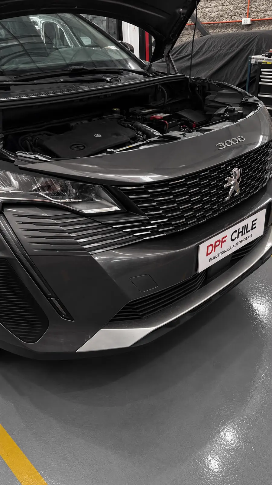 Primer plano de grilla frontal y faros LED con placa identificatoria oficial DPF CHILE.